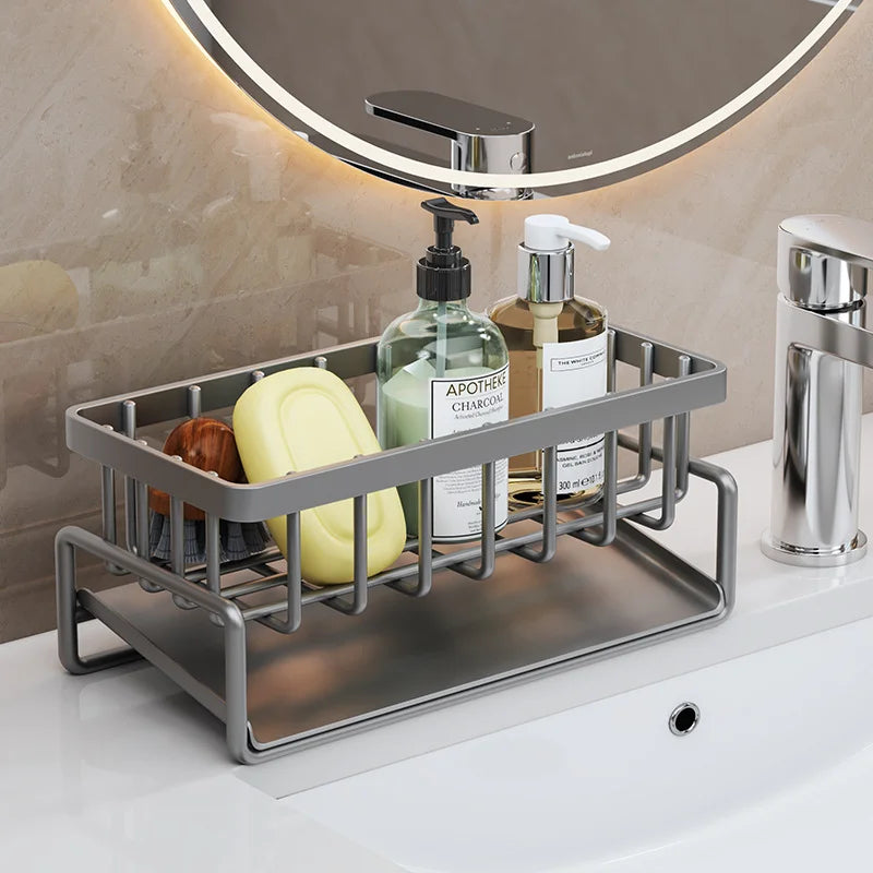 Stainless Steel Kitchen Sink Organizer Drain Tray Bathroom Countertop Caddy with Sponge Holder for Storage Use