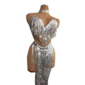 Sexy Stage Dance Costume Sequins Tassel Bikini Outfit Sets Fringes Bra High Slit Skirt Women Pole Dance Performance