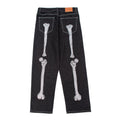 Wholesale Hot Sell High Street Trendy Casual Breathable Medium Mid Rise Straight Skeleton Bone Embroidery Men's Cotton Wide Leg