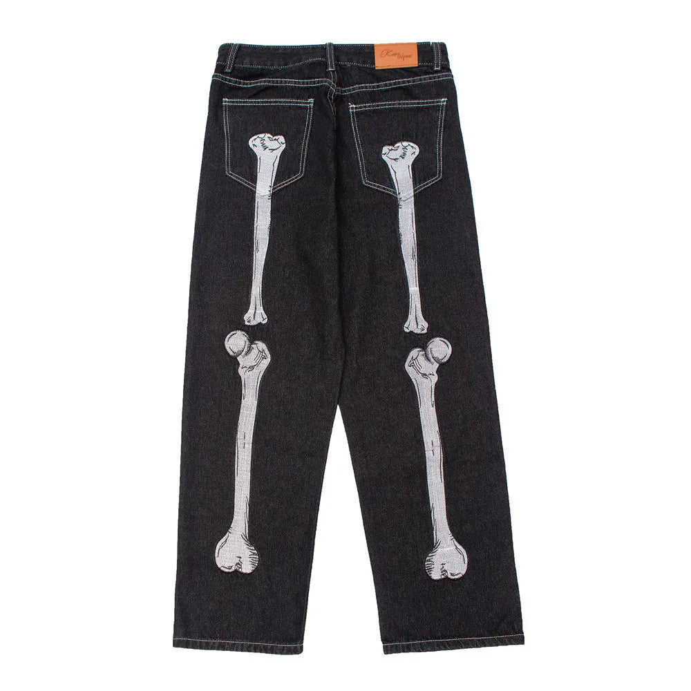 Wholesale Hot Sell High Street Trendy Casual Breathable Medium Mid Rise Straight Skeleton Bone Embroidery Men's Cotton Wide Leg