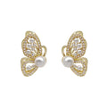 AA00348 New White Pearl Earrings French Diamond Butterfly Pearl Stud Earrings for Women