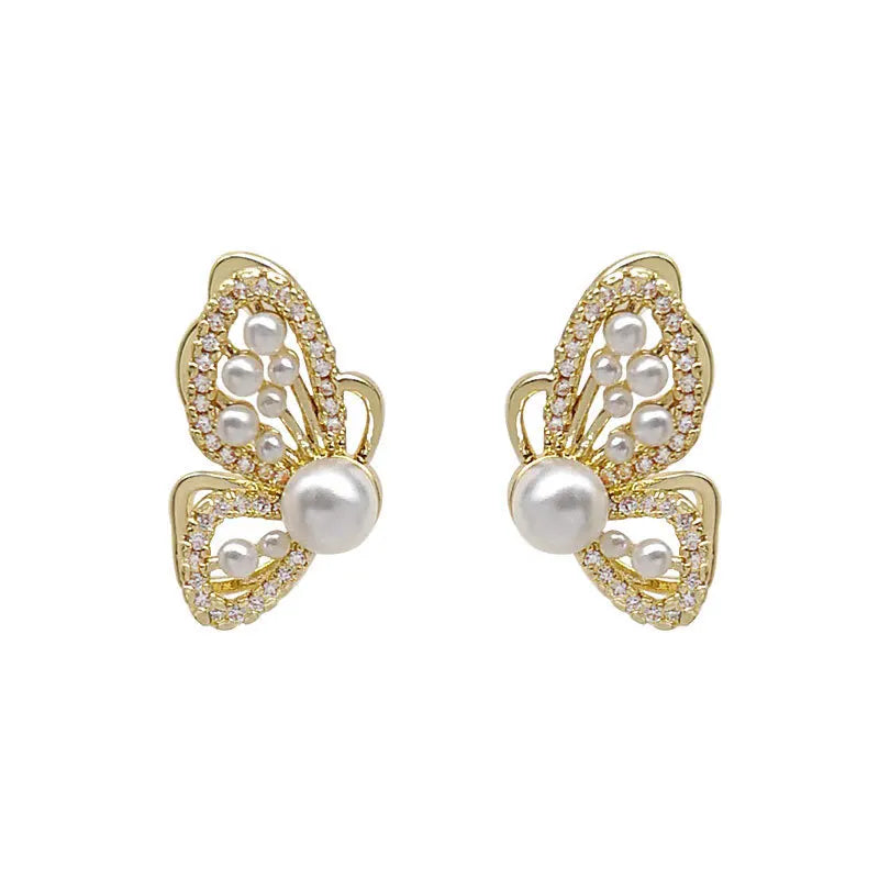 AA00348 New White Pearl Earrings French Diamond Butterfly Pearl Stud Earrings for Women