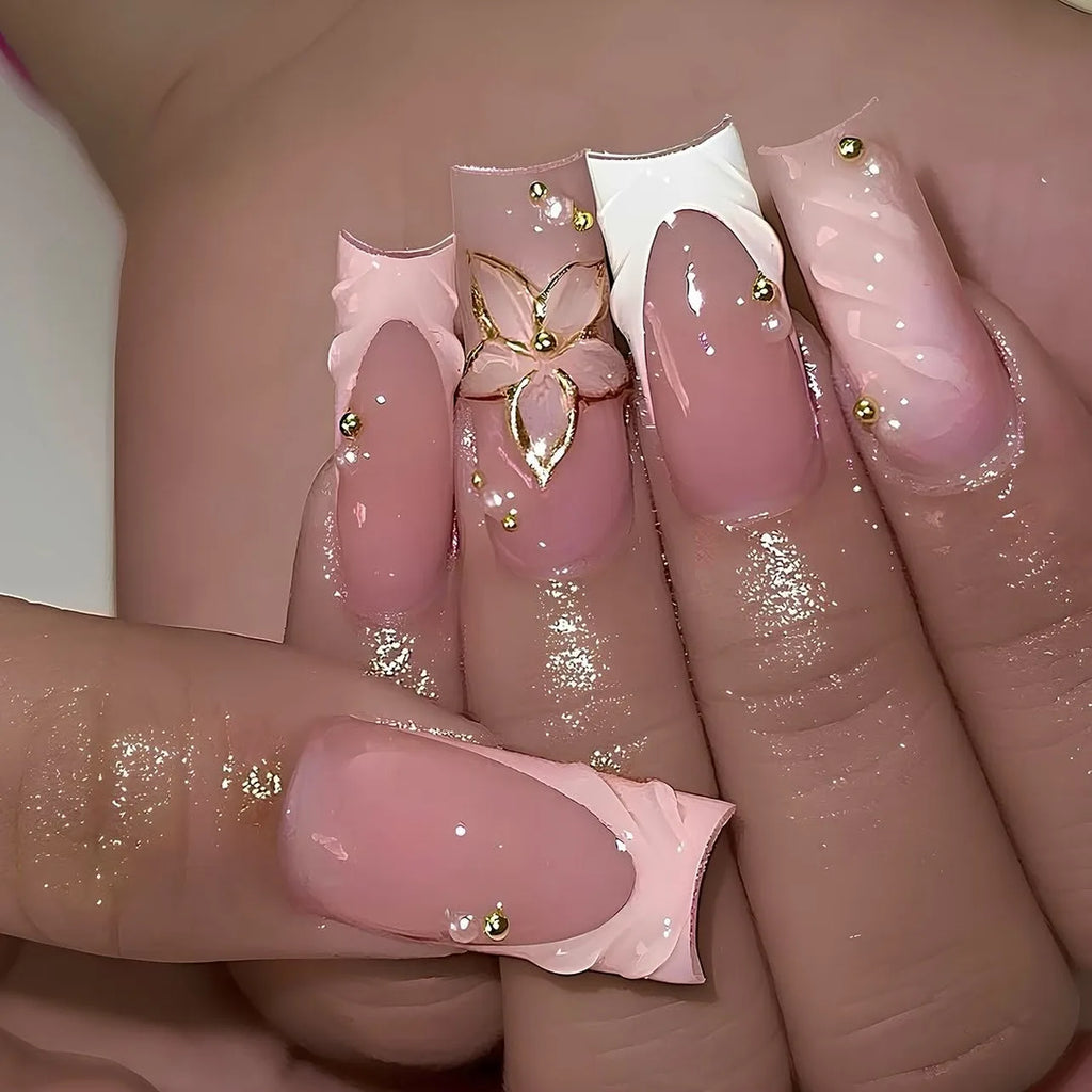 24 Pcs 3778 3D Water Ripple Stereo Flower French Medium-Length Square Press on Nails Artificial Fingernails Dropshipping