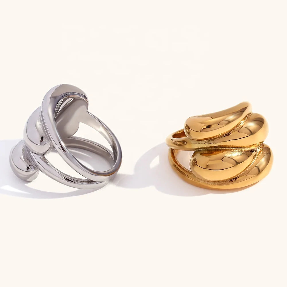 Dingran Fashion Waterproof Stainless Steel Water Wave Dome Rings Gold Plated Jewelry Bague Acier Inoxydable Nouveau