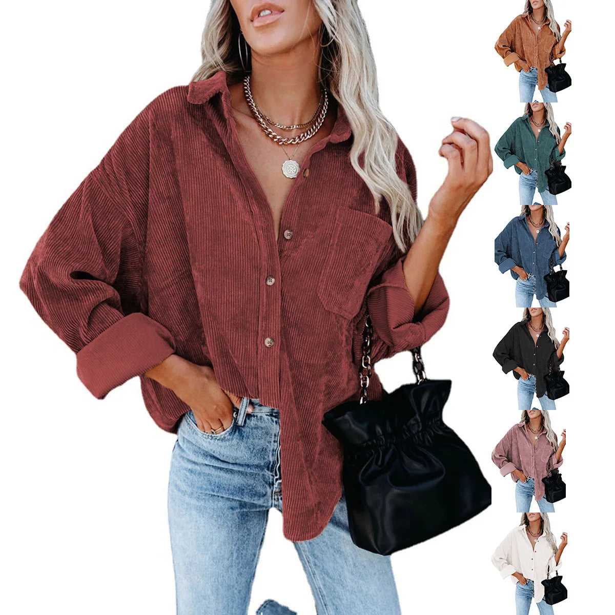 New Arrival Casual Long Sleeve Down Corduroy Shirt Solid Corduroy Jacket Blouse Women Tops
