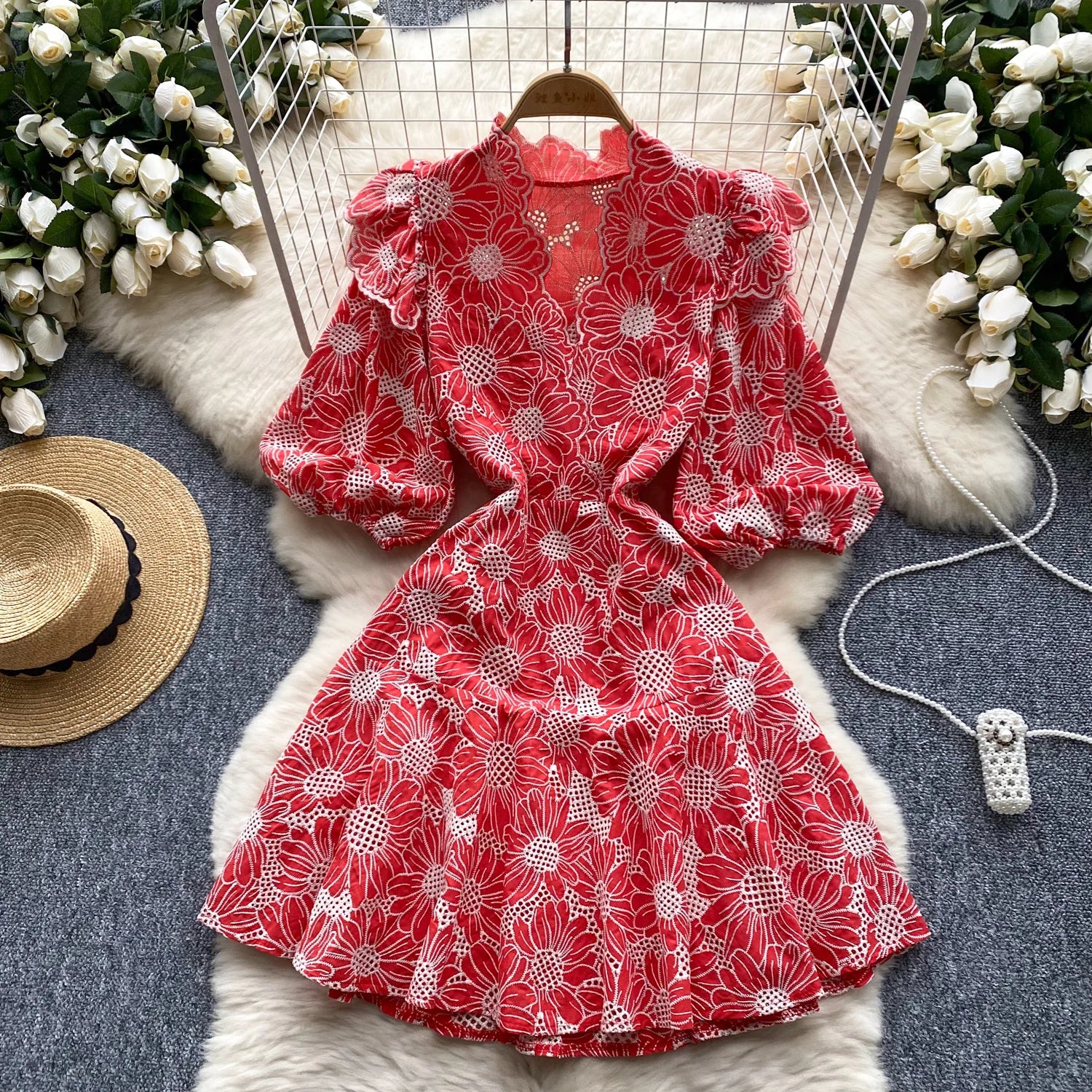 Custom V Neck Half Sleeve Ruffle Hem Women Summer Dress