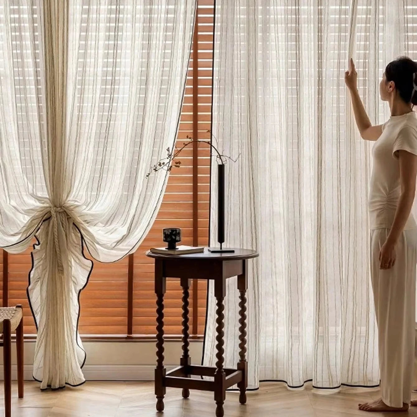 French Linen Sheer Retro Black Wrapped Edge Light Luxury High Quality Curtains for Living Room