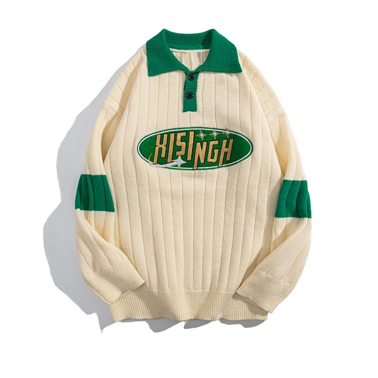 Custom  Young Men Polo Sweaters  Letter Cartoon Pullover Knitwear Cotton Fashion Style Knit Sweater