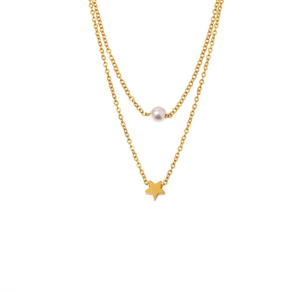N&S Women's Stainless Steel 18K Gold Plated Star Shell Beaded Layered Necklace Fashion Jewelry with Stacked Design Chic Chains