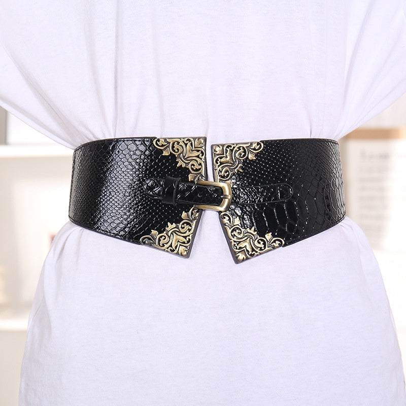 Lady Women Elastic Waistband Wide Waist Belt Retro Metal Buckle Faux Leather Red Brown
