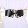 Lady Women Elastic Waistband Wide Waist Belt Retro Metal Buckle Faux Leather Red Brown