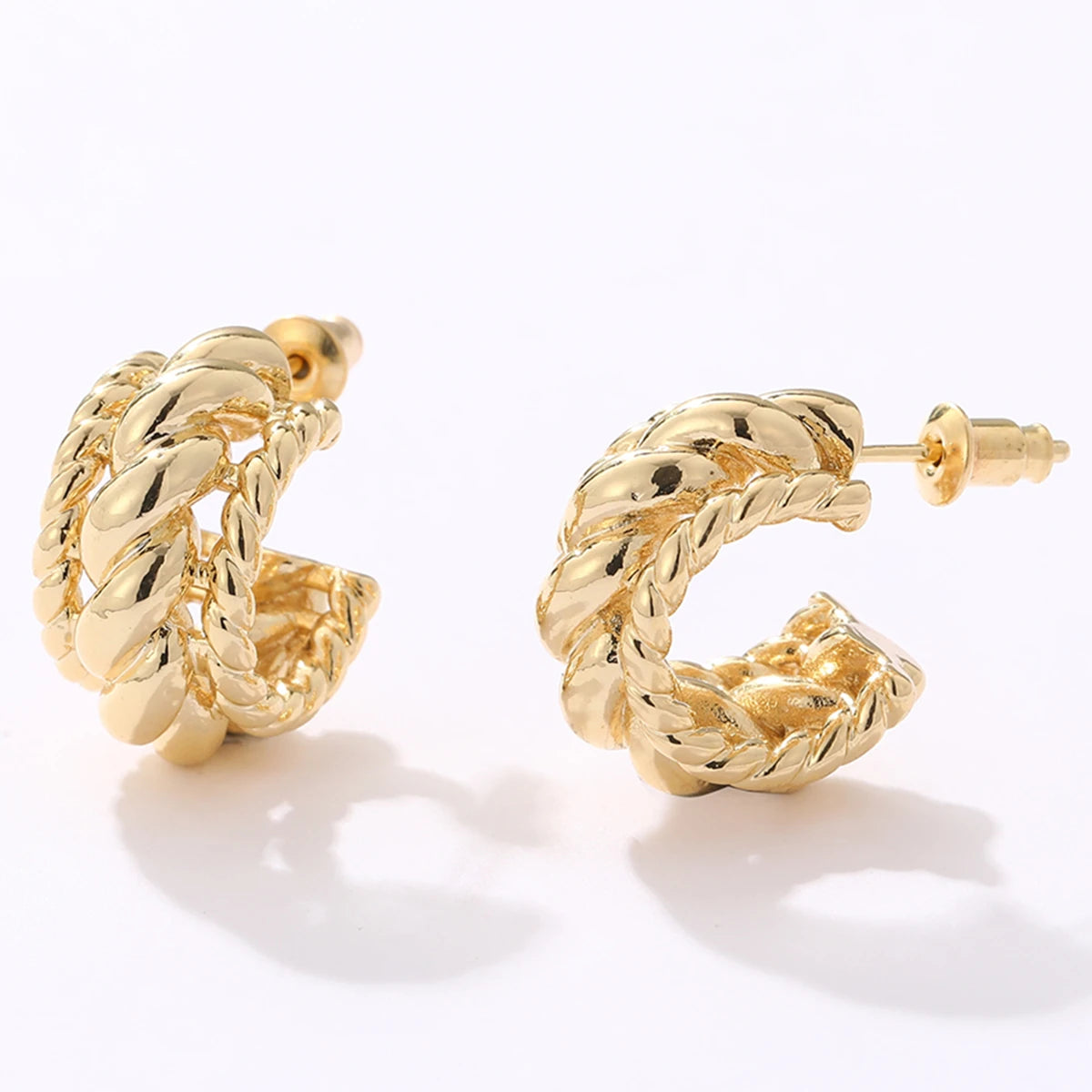 INS Hot Sale 14K Real Gold Plated Brass Twisted Hoop Earrings C Shape Women's Jewelry for Weddings Parties Hollowed Brass Hoop