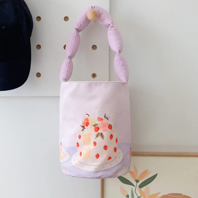 Cute Birthday Cake Print Tote Bags - Padded Handle Bucket Purse for Children/ Women