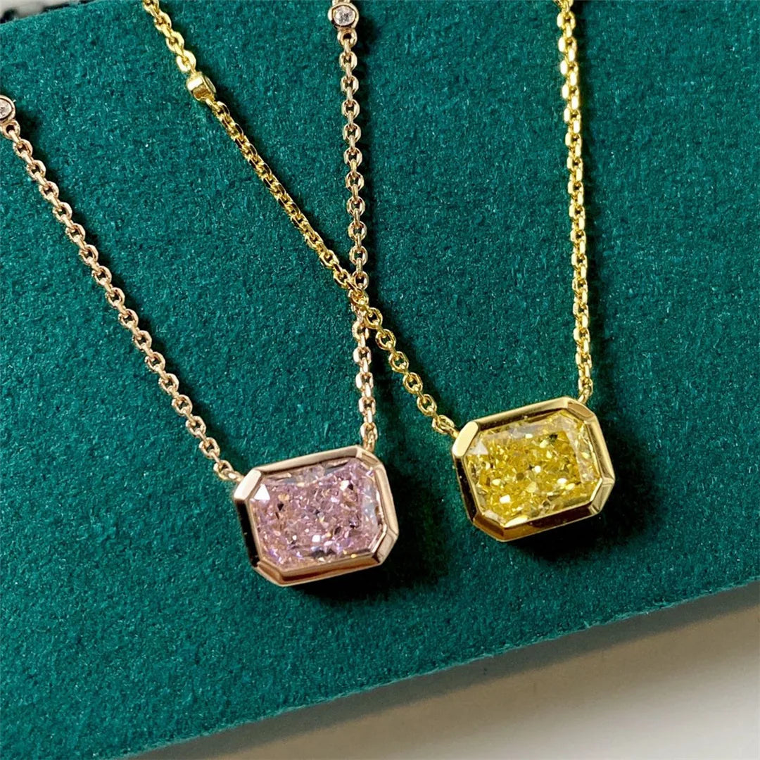 Aimgal NGTC Certified 2ct Radiant-Cut Fancy Color 8A Lab High-Carbon Diamond Link Wedding Pendant Necklace 18K Gold-Plated 925