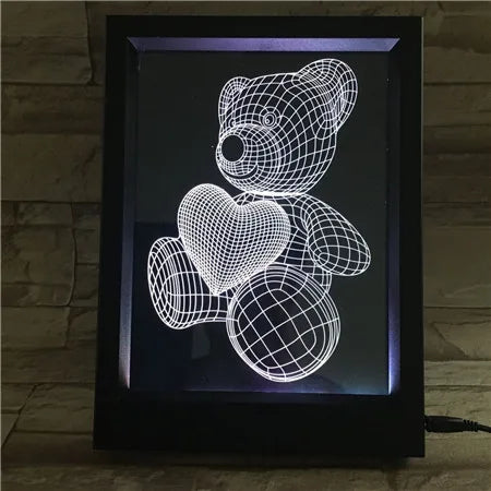 Black Plastic Photo Frame Led Night Light with 7 Colors LED Lamps Artwork for Home Decor Cute Bear Shape 3D Lamp