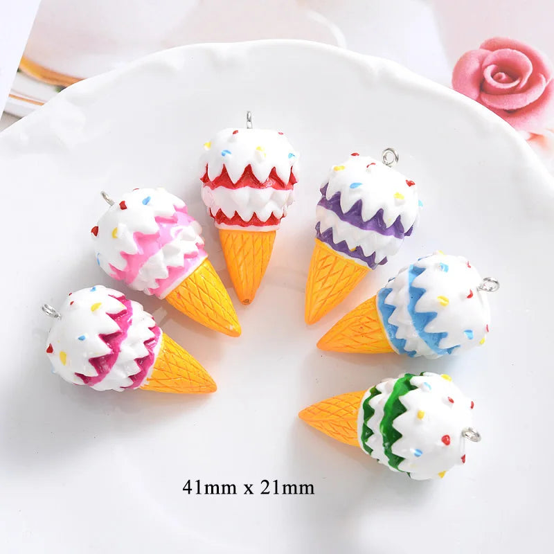 Hot Sale Colored 3d Miniature Ice Cream Cone Design Resin Charms Keychain Accessories Decoration With Hook