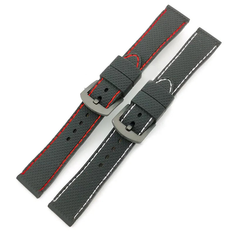 Wholesale Customize Luxury Red White Thread Waterproof Silicone Watch Strap Cheap Black Watchbands Rubber With PVD Black Buckle