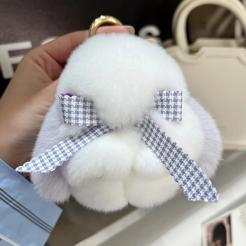 Wholesale Cute Real Rex Rabbit Fur Animal Keychain Pendant Plush Rabbit With Bow Doll Satchel Bag Pendant Pendant Gift