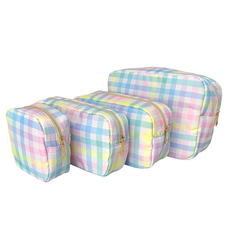 Custom Waterproof Pastel Checked Rainbow Gingham Girls Nylon Cosmetic Bag Large Portable Toiletry Bag Travel Storage Makeup Bags