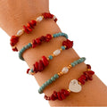 Go2boho Waterproof Beaded Bracelet with Red Coral Turquoise Pearl Heart for Women Adjustable Boho Style Fashion Jewelry Set