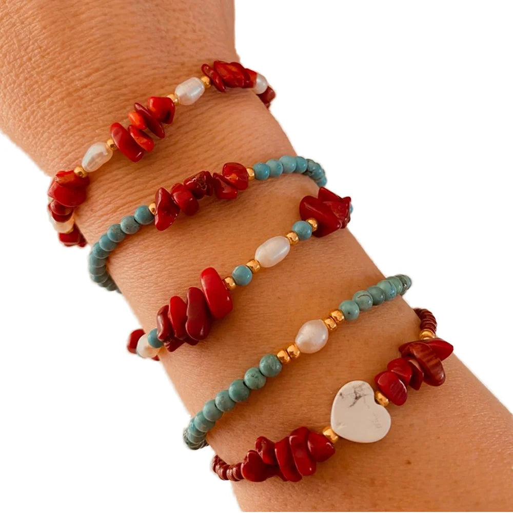 Go2boho Waterproof Beaded Bracelet with Red Coral Turquoise Pearl Heart for Women Adjustable Boho Style Fashion Jewelry Set