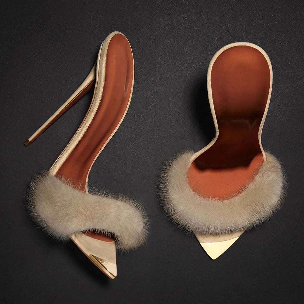 Elegant Pointed Toe High Heels Women Luxury Fur Slip on Sandals