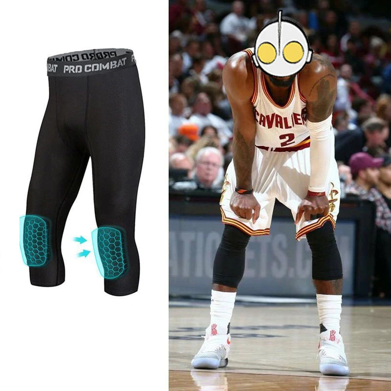 3/4 Padded Compression Pants Men Capri Leggings with Knee Pads Basketball Padded Tights for Adult Youth