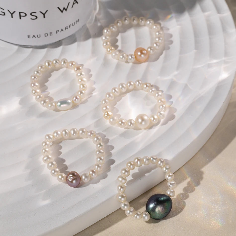 Nagosa Jewelry Wholesale Custom champagne Purple White Freshwater Pearl Elasticity Adjustable Ring