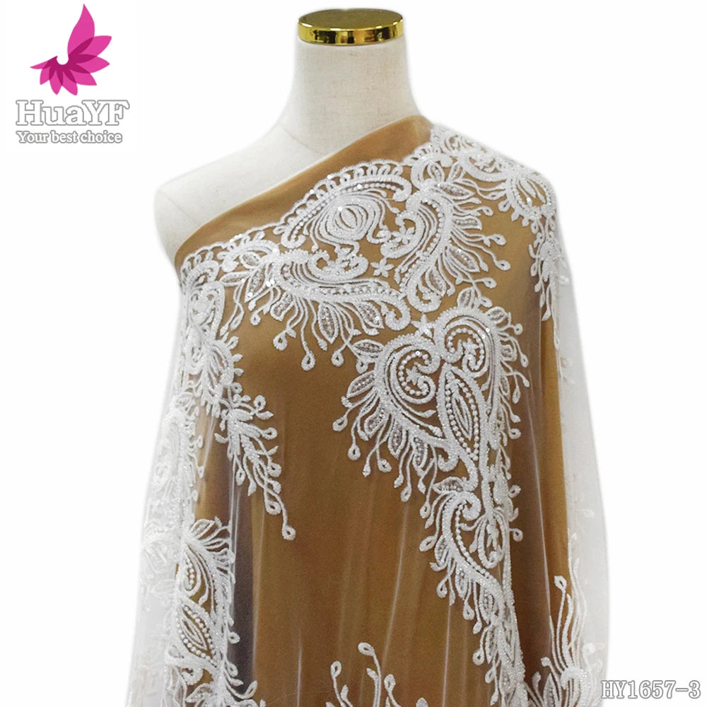 2022 Good-quality African White Lace Embroidered Sequins Beaded Bridal Dress Wholesale French Lace Tulle Sequence HY1657-4