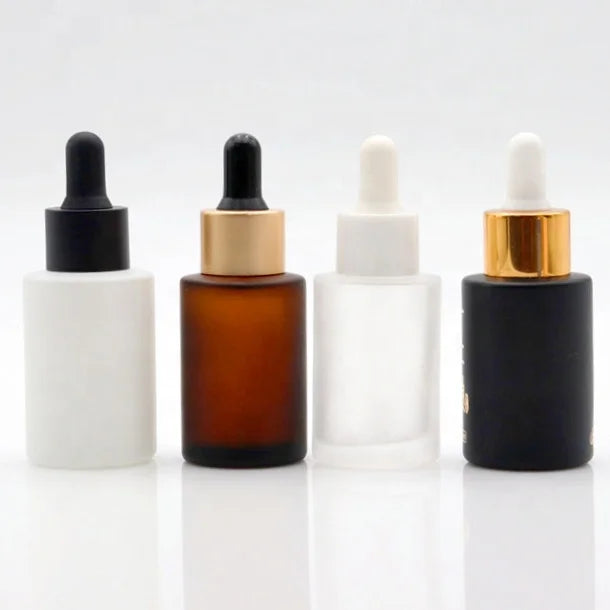 Wholesale Luxury Serum Bottle 30ml Flat Shoulder Cosmetic Serum Bottle Frosted Amber clear White Glass Serum Dropper Bottle