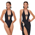 2025 New Solid Color Swimsuit Women Sensual Deep V Backless Bikini Set Halter Swimsuit Beachwear