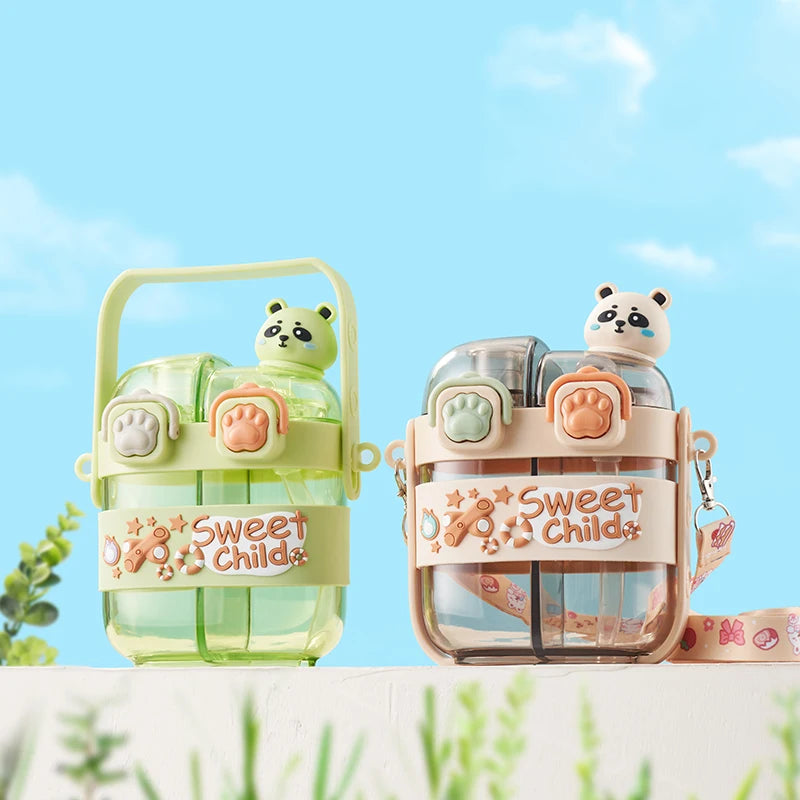 500 ML Double Compartment Children's Cute Straw Cup Plastic Double Drinking Water Bottle for Kids School