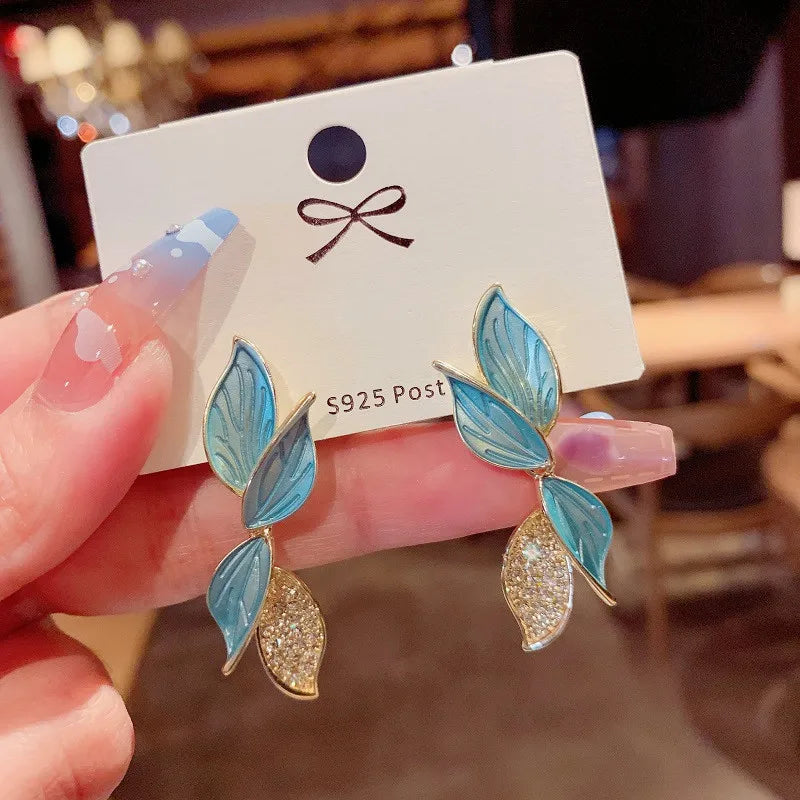 Leaf Stud Earrings White Leaves Earrings  Lucky Blue Hypoallergenic Earrings Gift for Women Teens
