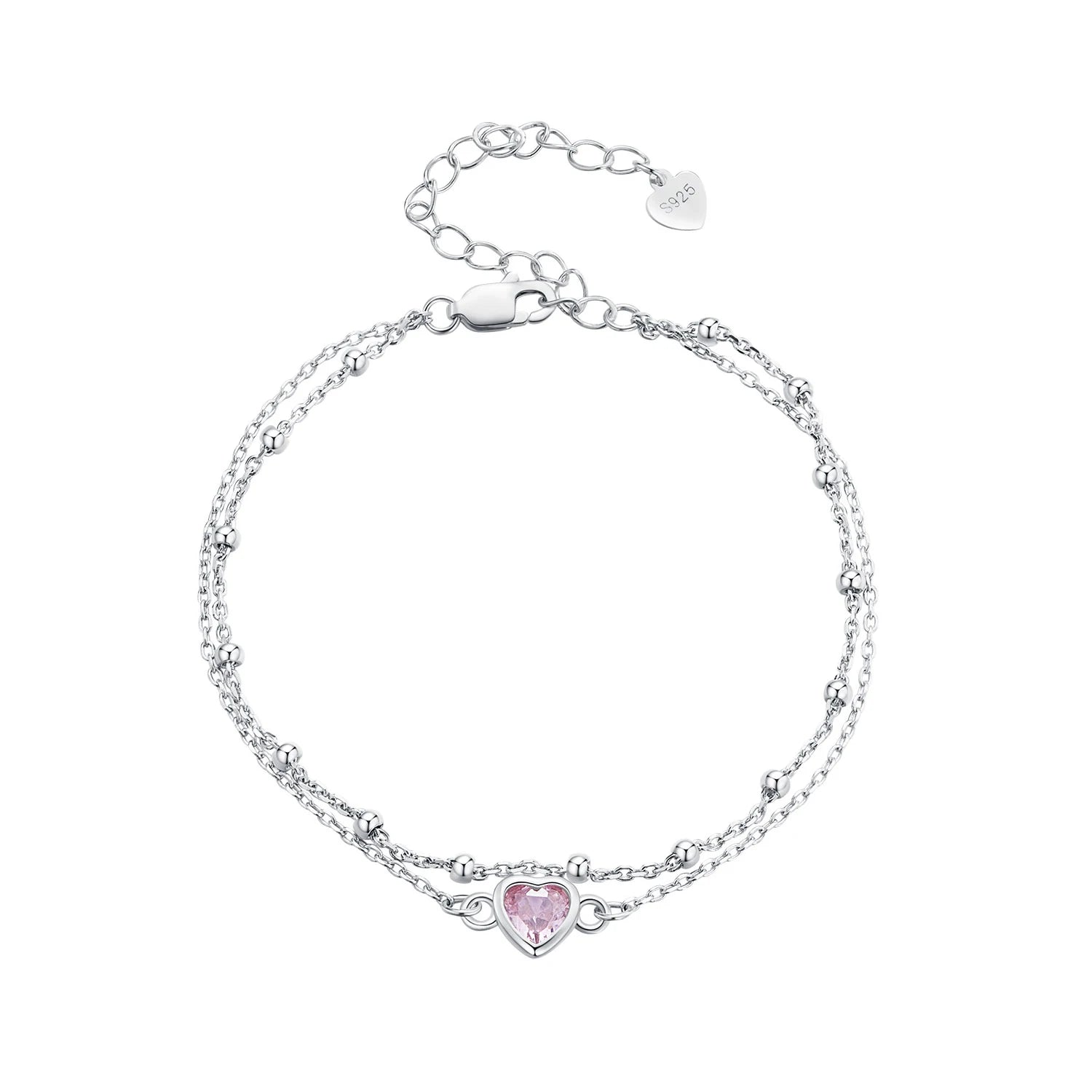 925 Sterling Silver Heart Double Layer Bracelet Pink Zircon Adjustable Chain for Women Anniversary Party Fine Jewelry BSB152