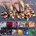 GREENKEM 12 Grid Gold Pigment Nail Art Mirror Glitter Foils Paper Paillette Irregular Flakes 3D Aluminum Foil Nail Sequins
