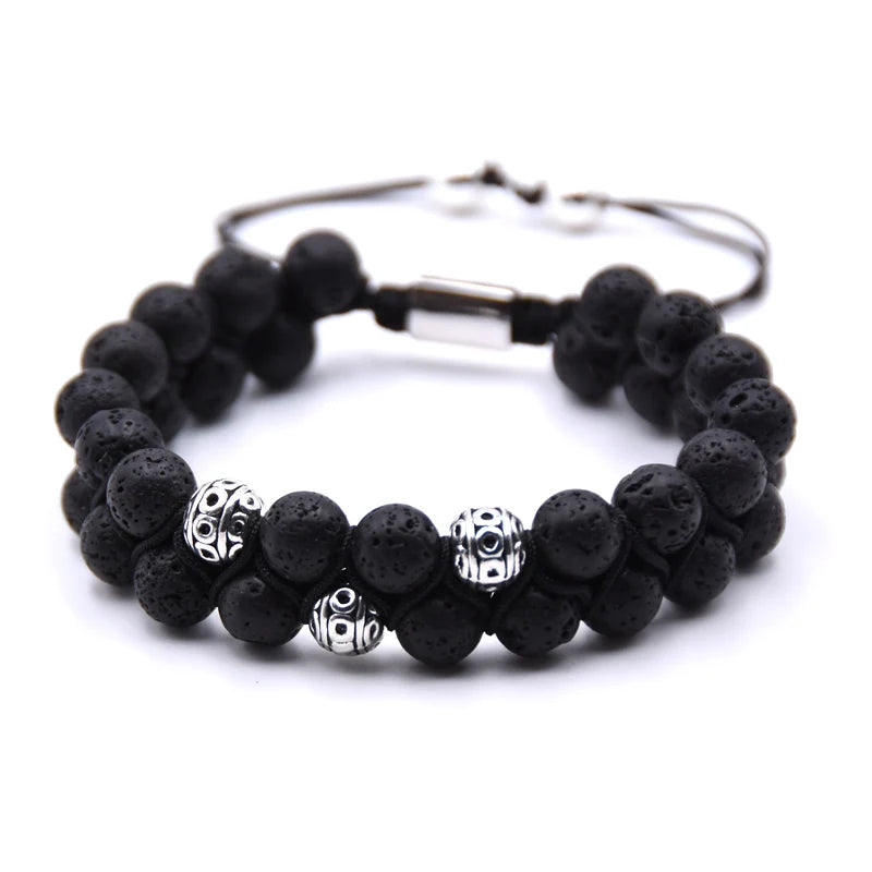 New Fashion Natural Lava Stone Bracelet Braided Alloy Charm Vintage Gemstone Yoga Cord Friendship Bracelet Men Women JBS11359