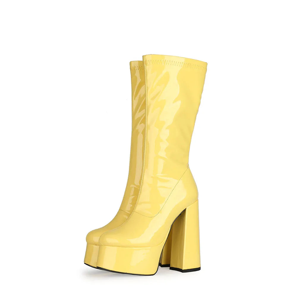 2021 Autumn Winter Women Knee High Boots Jelly Patent Leather Fashion Shoes Thick Platform Chunky Heeled Female Boots