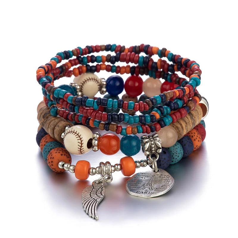 Bohemian Charm Wing Eiffel Tower Rice Bead Multi Layer Boho Bracelet Set Jewelry for Women