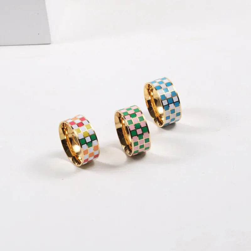 Joolim Jewelry 18K Gold Plated  Stainless Steel Black White Colorful Checked Rings for Women Statement Rings
