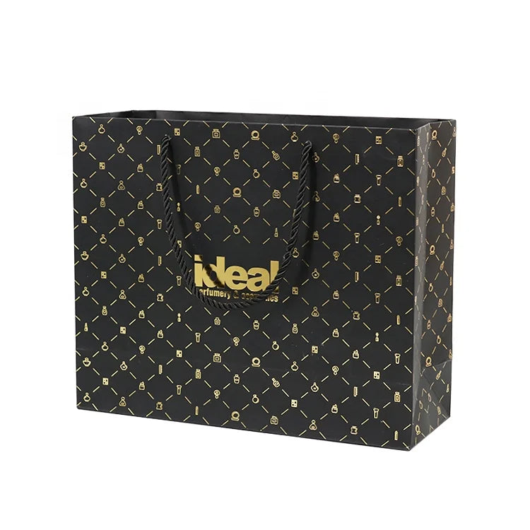 Custom Luxury Print Brand Logo Ribbon Bow Handles Foiled Gold Black Paper Bags