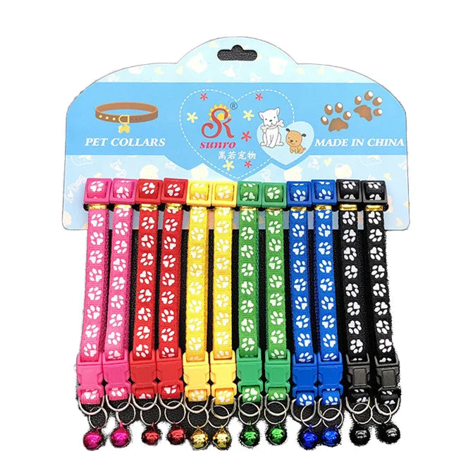 Adjustable Nylon Pet Collar with 1.0cm Dog Footprint Print Pattern Multi-Color Options Includes Bell for Puppy Cat-Wholesale