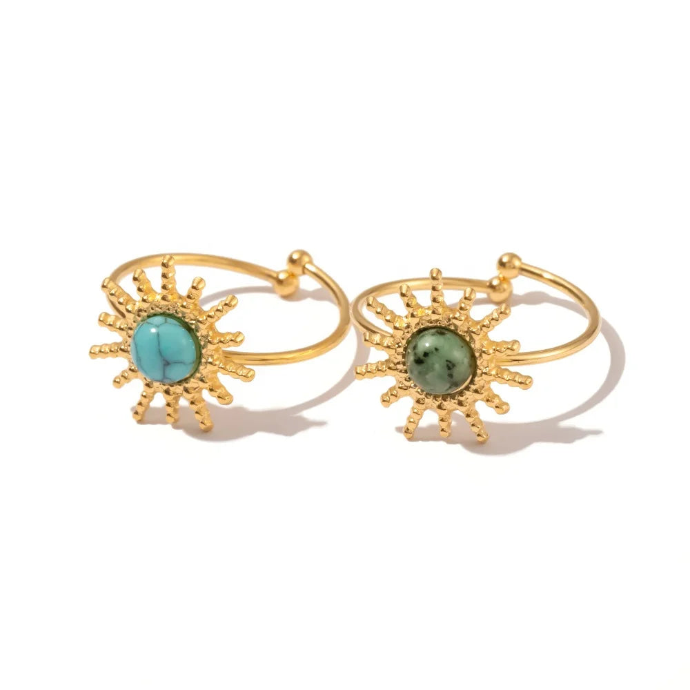 18K Gold Plated Stainless Steel Sun Shape Natural Stone Dainty Adjustable Rings Stacking Style