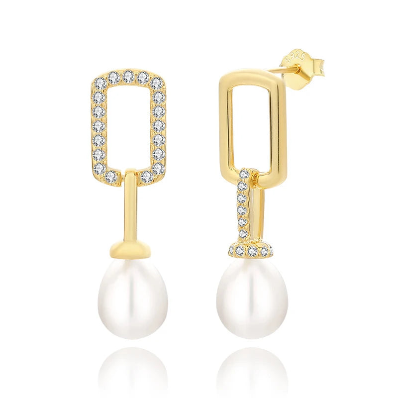 Fine jewelry 925 sterling silver women geometric natural freshwater pearl long chain earrings