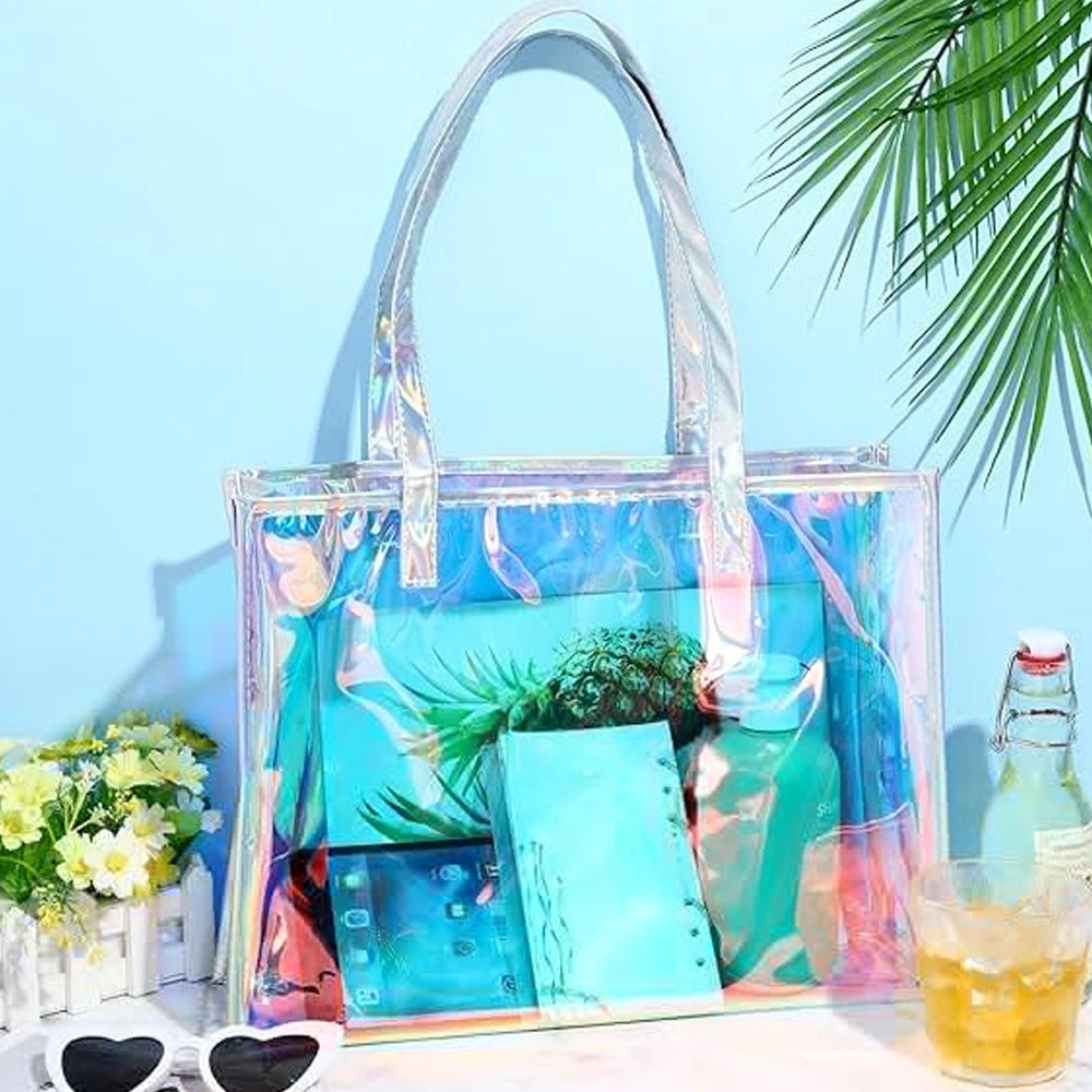 Cute  Colorful Holographic Neon clear Transparent PVC Beach the Tote Bag for Stadiums