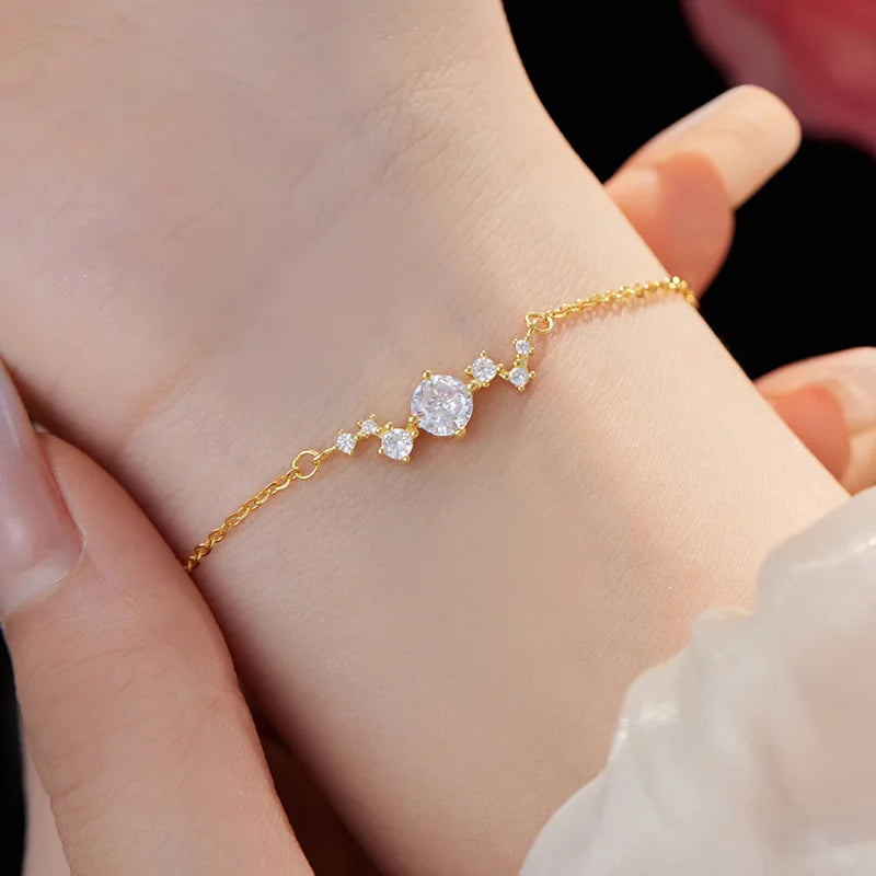 Simple Style Dainty 18k Gold Cubic Zirconia Charm Fine 925 Sterling Silver Jewelry Bracelet Women