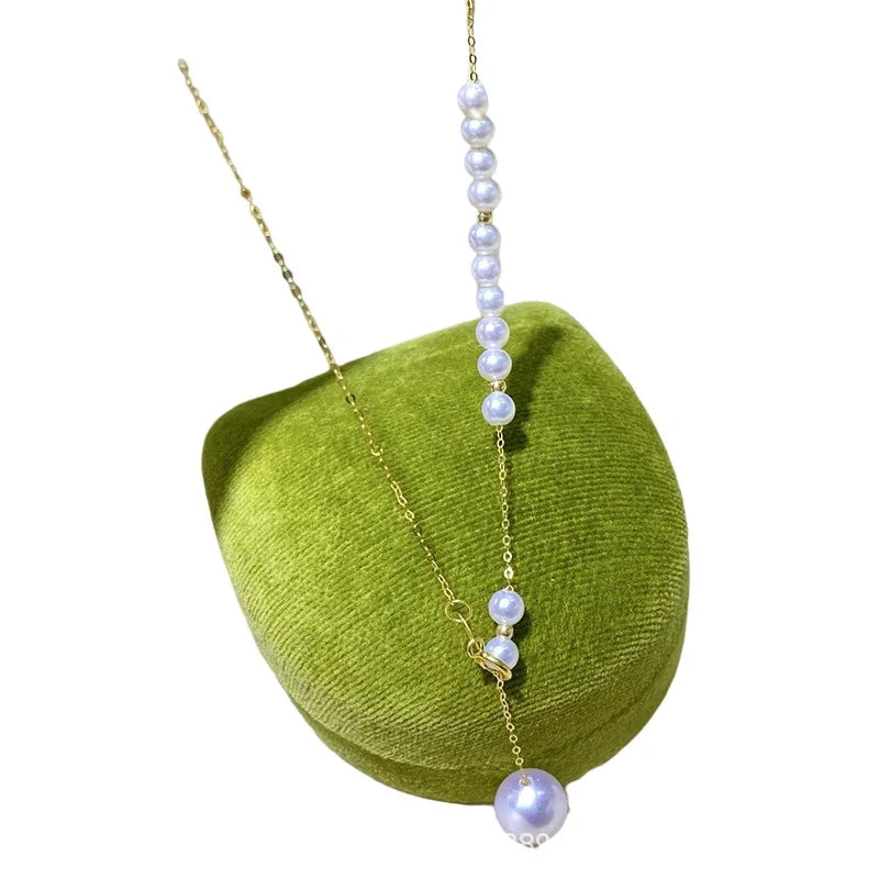 Certified G18K Gold Freshwater Pearl Necklace Women's Y-Shaped Chain Korean-Style Elegant Choker Adjustable Clavicle Pendant