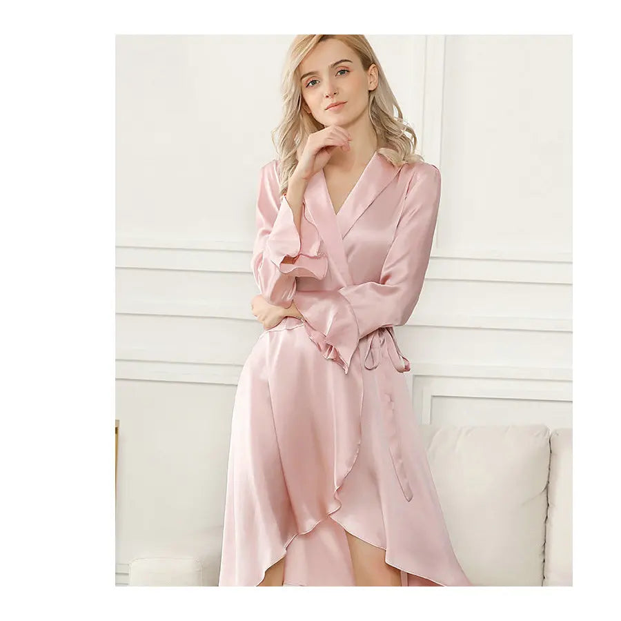 Women Plus Size Summer Spring Silk Satin Sleepwear Sweet Style Ruffle Edge Knee Length Dress