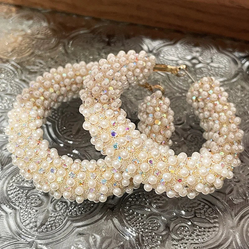 KAIMEI 2025 New Arrival Fashion Jewelry Korean Colored Diamond Rice Bead Earrings Exquisite Shining Pearl Large Round Earrings