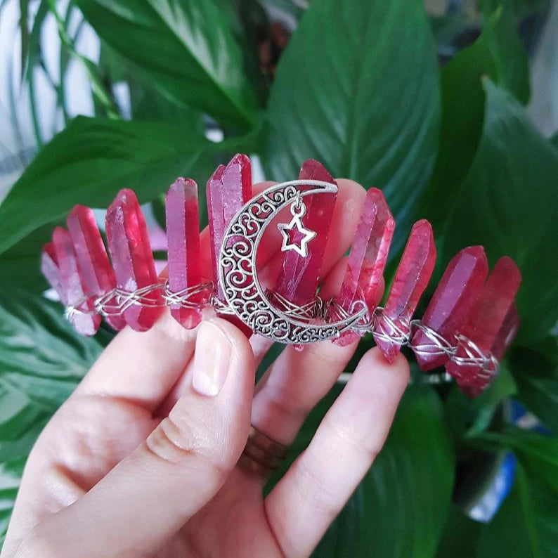 Diy Crimson Natural Crystal Electroplating Colorful Moon Pentagram Crystal Hairband Wiccan Hairband Comb