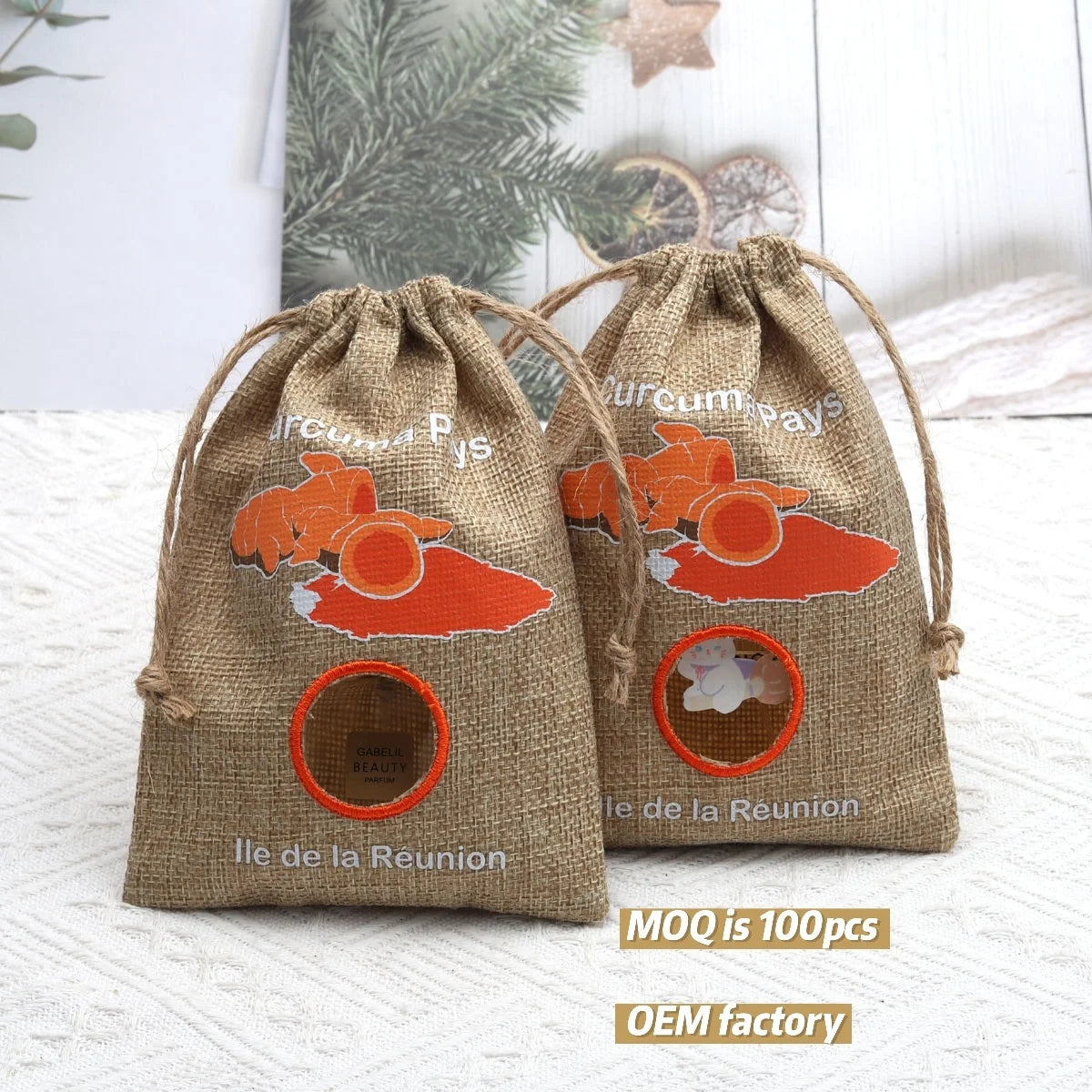 Custom Logo Printed Linen Jute Pouch Drawstring Jute Gift Packaging Bag